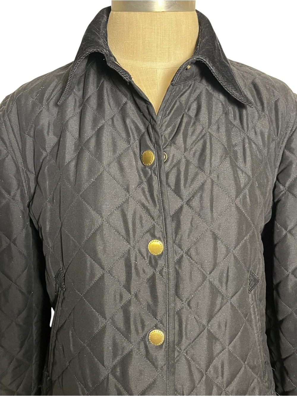 Ralph Lauren Black Quilted Barn Jacket Corduroy Collar Gold Buttons Small - Picture 9 of 13